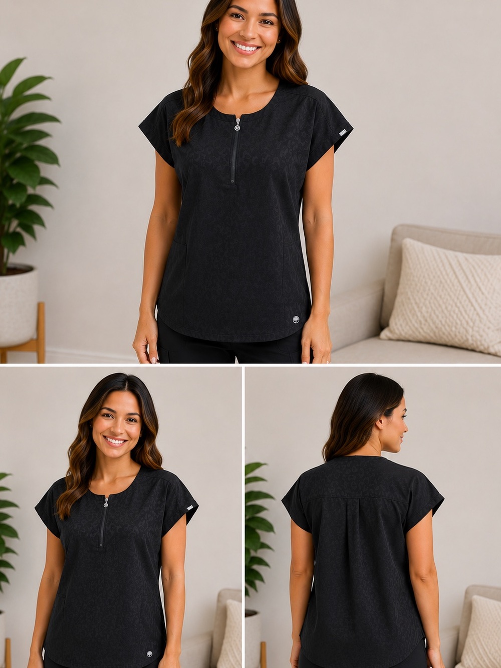 Healing Hands Black Short-Sleeve Zip-Front Scrub Top Women’s Small EUC